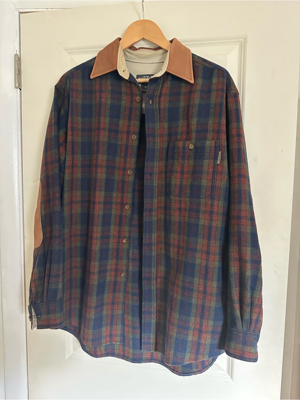 Woolrich Men's Plaid Button-Down Shirt with Tan Suede Collar
